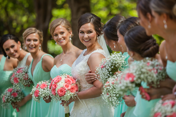 mint green bridesmaid dresses, pink and green wedding