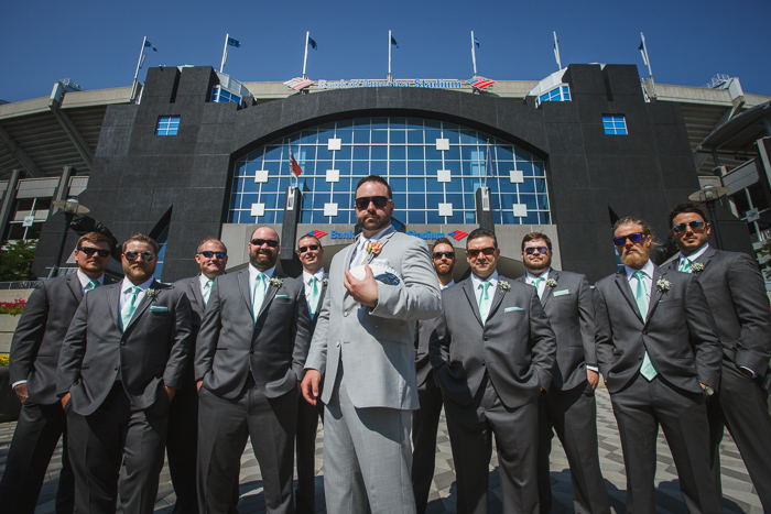bank of america stadium, groomsmen group picture, groomsmen panther fans