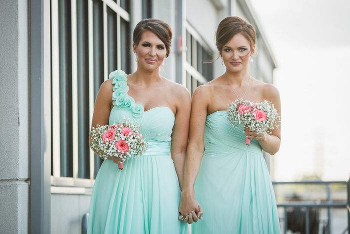 mint green bridesmaid dress, green and pink wedding, Roof with a View