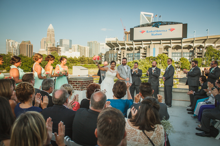 Roof with a View charlotte ceremony, mint green bridesmaid dresses